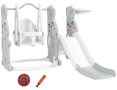Produktbild von 4-in-1 Spielset für Kleinkinder, Rutsche, Schaukel, Klettergerüst, Basketballkorb, Kunststoff, Hasendesign, Grau