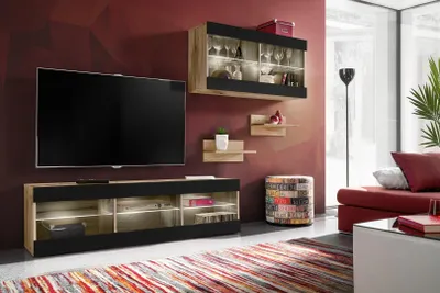 Produktbild von Komodee, Set, Möbel, Tivoli SET3, Wotan/Schwarz, Breite 240cm x Höhe 159cm x Tiefe 35cm, LED Blau, für Wohnzimmer, Schlafzimmer