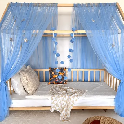 Produktbild von Hausbett Himmel Betthimmel blau für Kinderbett Kinderzimmer Baldachin Bettvorhang Betthimmel für Mädchen Prinzessin Zimmer 340cm