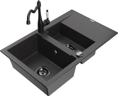 Produktbild von Mexen Gaspar 1,5-Becken-Granitspüle mit Abtropffläche und Mischbatterie Carla, Schwarz gesprenkelt - 6507-76-670700-70-B