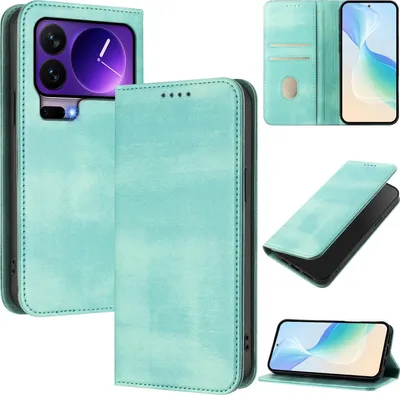 Produktbild von Handyhülle für Xiaomi 17 Pro, Vintage Leder RFID Schutz Kartenfach Standfunktion Magnetische Klapphülle Türkis