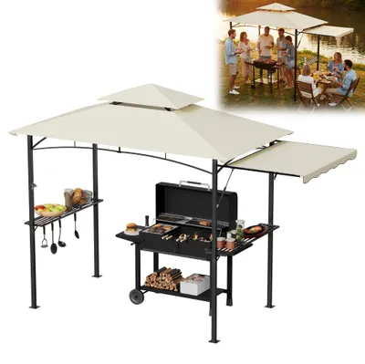 Produktbild von XMTECH Grillpavillon 245x141x253 cm mit Seitenvordach & Doppeldach, Grillzelt Gartenpavillon mit Metallrahmen, UV-Schutz, Beige