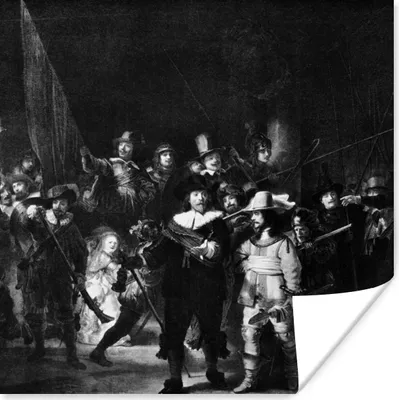 Produktbild von MuchoWow® Poster Die Nachtwache in Schwarz und Weiß - Gemälde von Rembrandt van Rijn 50x50 cm - Wohnzimmerdekoration