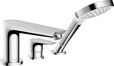 A chrome-finished three-hole bathtub faucet with a handheld showerhead, presented against a white background.