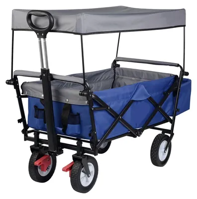 Produktbild von Faltbarer Bollerwagen – Blauer Gartenwagen mit Dach, Rädern, Bremse und einer Tragfähigkeit von 80 kg
