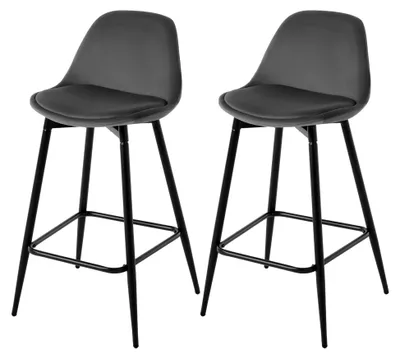 Produktbild von Barhocker 2er Set, Samt Barstühle, Küchenhocker mit Rückenlehne, hoher Hocker mit Fußstütze, gepolstert, Metallbeine, für Bar, Küche, Esszimmer, Dunkelgrau