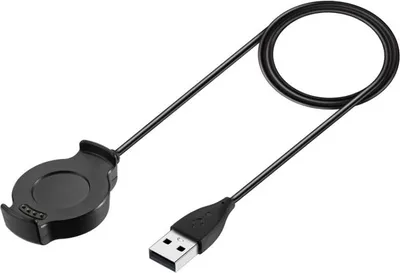 A black USB charging cable with a magnetic dock for a smartwatch.