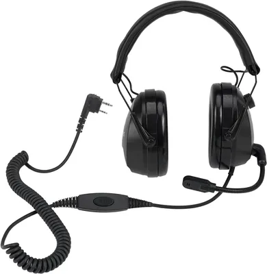 A black walkie-talkie headset with a coiled cord and a microphone boom is shown against a white background.