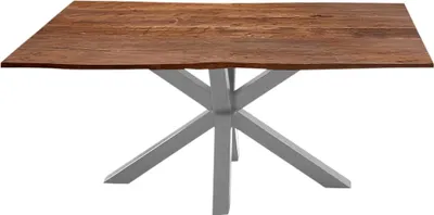 Produktbild von Esszimmertisch 140x80cm Quincy, echte Baumkante, Akazienholz nussbaumfarben, massiver Baumkantentisch mit Spider-Gestell Silber