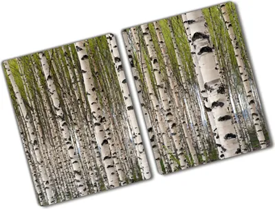 Produktbild von Tulup Glas Herdabdeckplatte - 2x40x52 cm - Glaskeramikkochfeld-Abdeckung Spritzschutz Glasabdeckplatte Kochplattenabdeckung und Schneidebrett - Zweiteilig - Blumen & Pflanzen - Birkenwald - Weiß