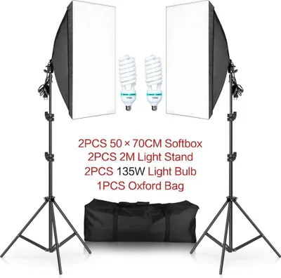 Produktbild von Fotostudio-Set, Softbox-Beleuchtungssystem, verstellbarer Stativständer, 135W Glühbirne