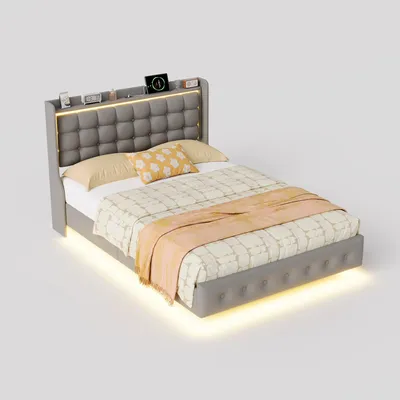 Productafbeelding van Gestoffeerd bed - Tweepersoonsbed 140 x 200 cm - Gestoffeerd hoofdeinde - Lattenbodem - Fluweelbekleding - Zonder matras - Grijs