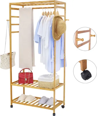 Immagine prodotto di WISFOR Appendiabiti su rotelle in bambù, 2 ripiani, 4 ganci, 80 x 35 x 165 cm