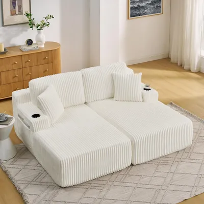 Obrázek produktu pro MODFU dvoumístná rozkládací postel s držákem na nápoje a polštáři, lounge křeslo, obývací pohovka s boční kapsou na časopisy, kordurový potah, béžová
