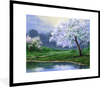 Produktbild von MuchoWow® Gerahmtes Poster Malerei - Baum - Blüte - Natur - Wasser 80x60 cm - Poster mit Schwarzem Bilderrahmen Wandposter Rahmen Foto Bilder - Schlafzimmer-Dekorationen - Fotoposter