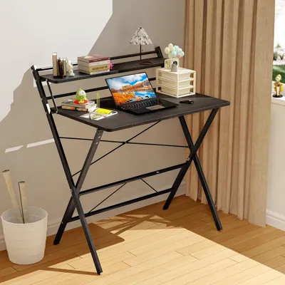 Produktbild von Schreibtisch Klappbar,Kleiner Schreibtisch Computertisch mit Regal,Klapptisch Arbeitszimmer für Home Office Schreibtisch, PC-Tisch 80x50x107cm Schwarz