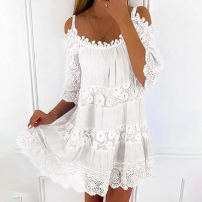 Produktbild von Spitzen-Sommerkleid für Damen mit Spaghettiträgern, kurzem Schnitt, V-Ausschnitt und ärmellosem Design, als Boho-Strandkleid in A-Linie, elegantes Prinzessinnen-Freizeitkleid und einfarbiges Minikleid