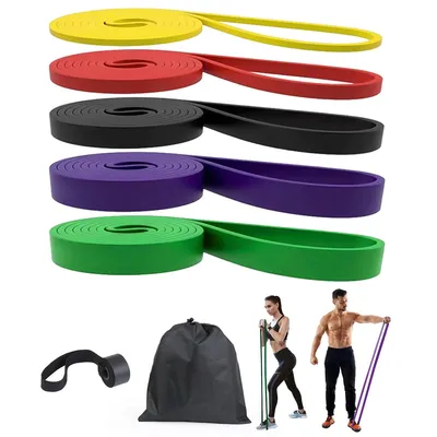 Produktbild von Widerstandsband-Set, 5 Trainingsstufen elast Band, 4,9cm dick, 208cm lang, geeignet für Yoga,Pilates, Training,Physio, Klimmzughilfe, Krafttraining