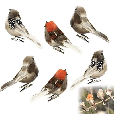 Produktbild von 6 Stück Dekorative Kunstfedervögel mit Clip - Miniaturornamente