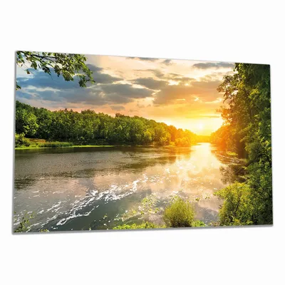 Produktbild von Wallario Herdabdeckplatte aus Glas, Größe 90 x 52 cm 1-teilig, Motiv Sonnenuntergang am Fluss in grüner Umgebung