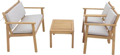 Zdjęcie produktu dla Zestaw ogrodowy HWC-O19, zestaw wypoczynkowy ławka fotel stół, drewno akacjowe   tkanina/tekstylia (180g/m²) ~ poduszki szare