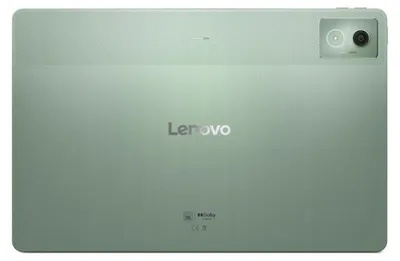 The back of a green Lenovo tablet.