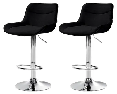 Produktbild von 2er Set Barhocker Vonore Stoff mit Lehne, höhenverstellbar und 360 Grad drehbar, mit Fußstütze, Metallgestell und Bodenschoner, Farbe: schwarz, Gestellfarbe: Chrom