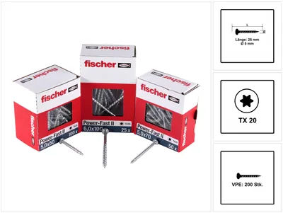 Produktbild von Fischer Power-Fast II FPF II Spanplattenschraube 5,0x25 mm 200 Stück ( 670436 ) Pan Head mit Torx Vollgewinde galvanisch verzinkt, blau passiviert