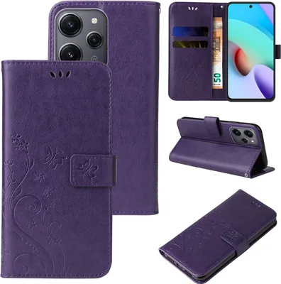 Produktbild von Handyhülle für Xiaomi Redmi 12 Floral Blumen Schmetterling Flip Cover Hülle Case Klapphülle Handytasche Farbe: Violett