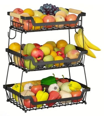 Produktbild von Küchenaufbewahrung für Obst und Gemüse - 3-stöckiger Korbständer - Abnehmbar - Mit Haken - Metall - Arbeitsplatten Organizer - Platzsparend - Schwarz