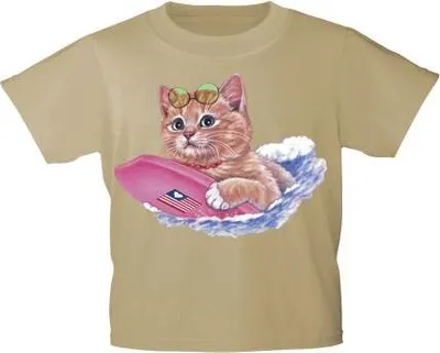 Produktbild von Kinder T-Shirt mit Print Cat Katze auf Surfbrett KA074/1 Gr. 122-164 Color - beige Größe - 152/164