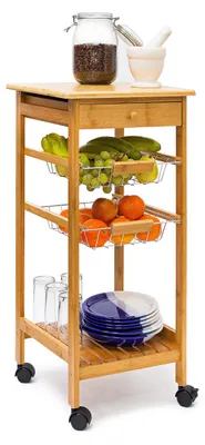 Küchenwagen aus Bambus, 2 Ablagen, 2 Körbe, Schublade, 80x37x37 cm