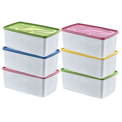 A stack of six clear plastic food storage containers with colored lids, arranged in two columns of three.