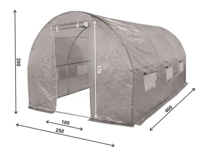 A greenhouse tent with dimensions indicated.