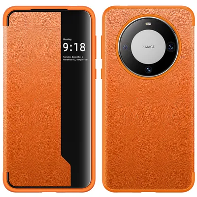 Immagine prodotto di Custodia per Huawei Mate 60 Pro custodia sottile in Finto cuoio con finestra di visualizzazione Arancione