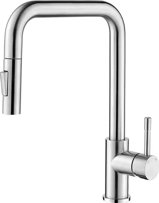 A stainless steel kitchen faucet with a pull-down sprayer.