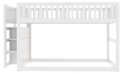 Productafbeelding van Houten etagebed - Laag ontwerp - 140 x 200 cm - Hoge veiligheidsreling - Opbergruimte - Wit