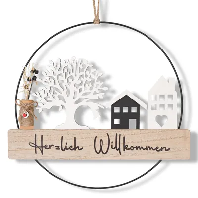 Trockenblumenkranz mit Willkommensschild, 28 cm, Lebensbaum, Häuschen
