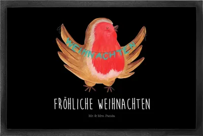 Produktbild von Mr. & Mrs. Panda Gummimatte Rotkehlchen Weihnachten 50 x 75 cm - Schwarz - Geschenk, fußmatte, Bodenvorleger, Fussmatte, Schmutzfangmatte, Türmatte, Weihnachtsgruß, Frohe