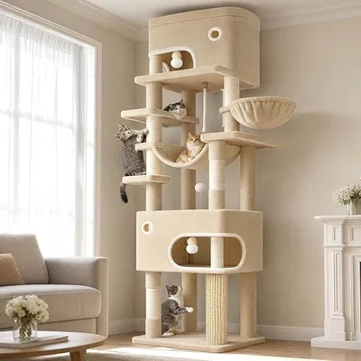 Image de Arbre à chat Kratzbaum, 203 cm. Grand arbre à chat avec une grande plateforme, 2 cachettes, 7 poteaux à gratter, pompons, paniers de repos, hamac. Convient à toutes les races de chats. Couleur : beige. Modèle : MS20318YL