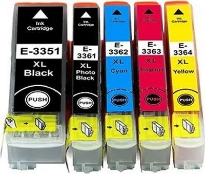 Produktbild von 5 kompatible Tintenpatronen Epson T33XL - je 1 x   T3351 black,  T3361 black, T3362 cyan, T3363 magenta, T3364 yellow - 5 Druckerpatronen in XL Füllmenge für Expression Premium XP-530, XP-540, XP-630, XP-635, XP-640, XP-645, XP-830, XP-900, XP-7100