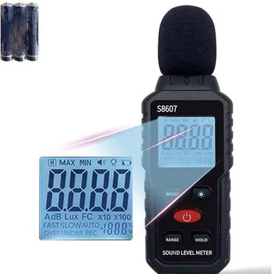 Productafbeelding van S8607 Decibelmeter - Geluidsmeter - Geluidsniveau - Geluidsniveaumeter - Nauwkeurige geluidsmeter - dB-meter - Professionele decibelmeter - Meetbereik: 30 tot 130 decibel - Nauwkeurigheid: 1,5 dB - LCD-display - Inclusief batterij - Geschikt voor kantoor, bouwplaats, fabriek