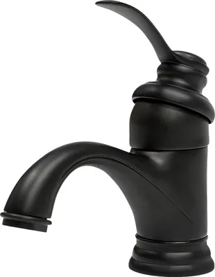 A black bathroom faucet on a white background.
