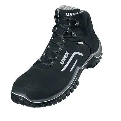 A black work boot with silver accents and laces, shown from a side angle against a white background.