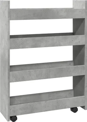 A narrow, four-tier storage cart with a concrete gray finish and wheels.
