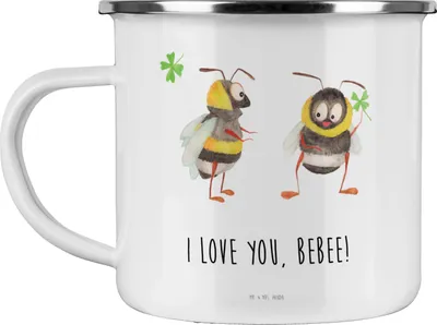 Produktbild von Mr. & Mrs. Panda Campingtasse Bienen Paar - Weiß - Geschenk, Freundin, für Frauen, Haferl, Kaffeepott, Valentinstag, Schildkröten, Freund, Partner, Pott, Teetasse