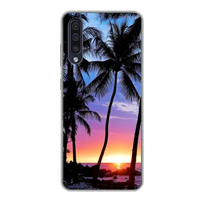 Produktbild von MuchoWow® Handyhülle Schutzhülle Hülle für Samsung Galaxy A30s Der farbenprächtige Sonnenuntergang hinter einer Reihe von Palmen auf Hawaii Silikon Softcase Handy Hülle - Karteninhaber