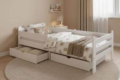 Produktbild von Kinderbett  90x200 mit 2 Schubladen, Einzellbett für Kinder inkl. Rausfallschutz und Lattenrost, Kinder Bett weiß, Bett für Jungen und Mädchen
