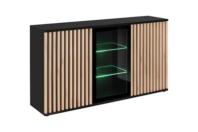 A modern black sideboard with slatted wood-effect doors and a glass-fronted section with green LED lighting.