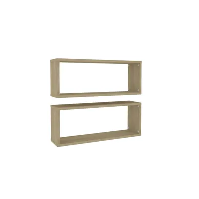 Two wooden cube shelves are stacked vertically against a white background.